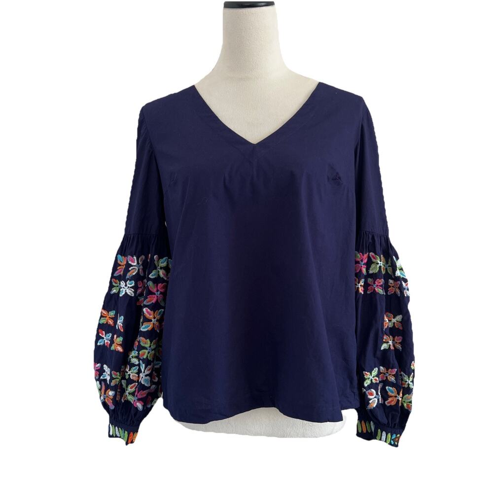 Maeve By Anthropologie Top Womens 6 Blue Sonja Embroidered Balloon Sleeve Boho - Picture 2 of 11